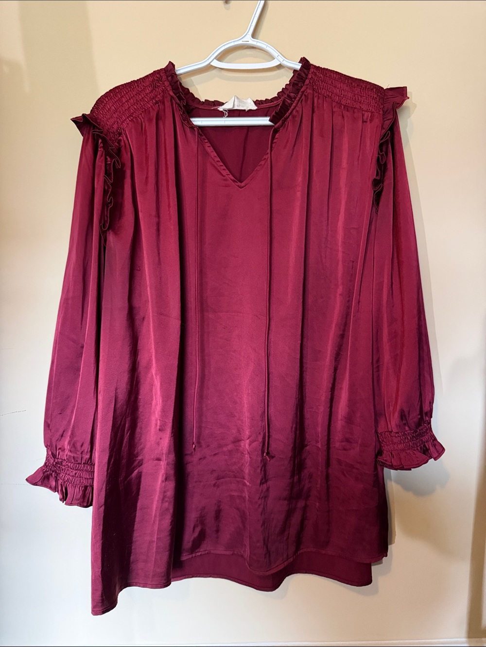 First Love Wine Red V-Neck Long Sleeve Blouse